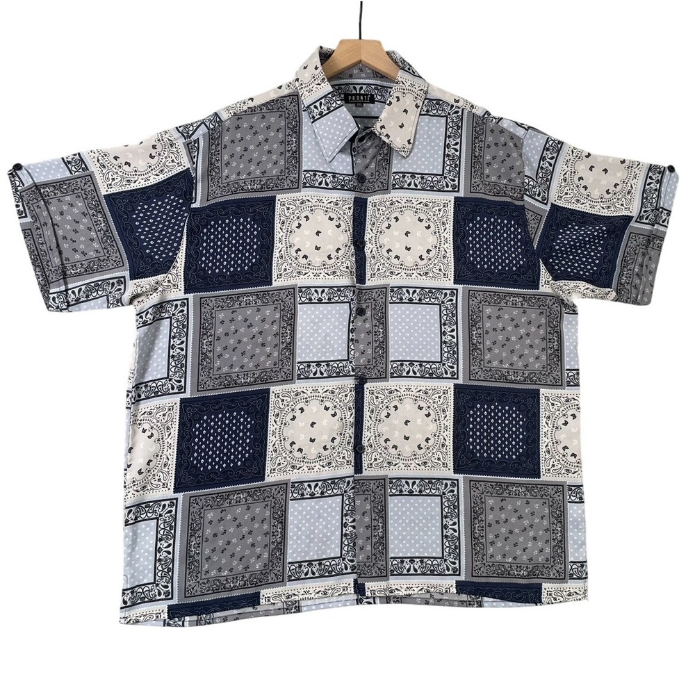 Pronti Mens Button Down Shirt 3XL Bandana Patchwork Paisley Short Sleeve Grey